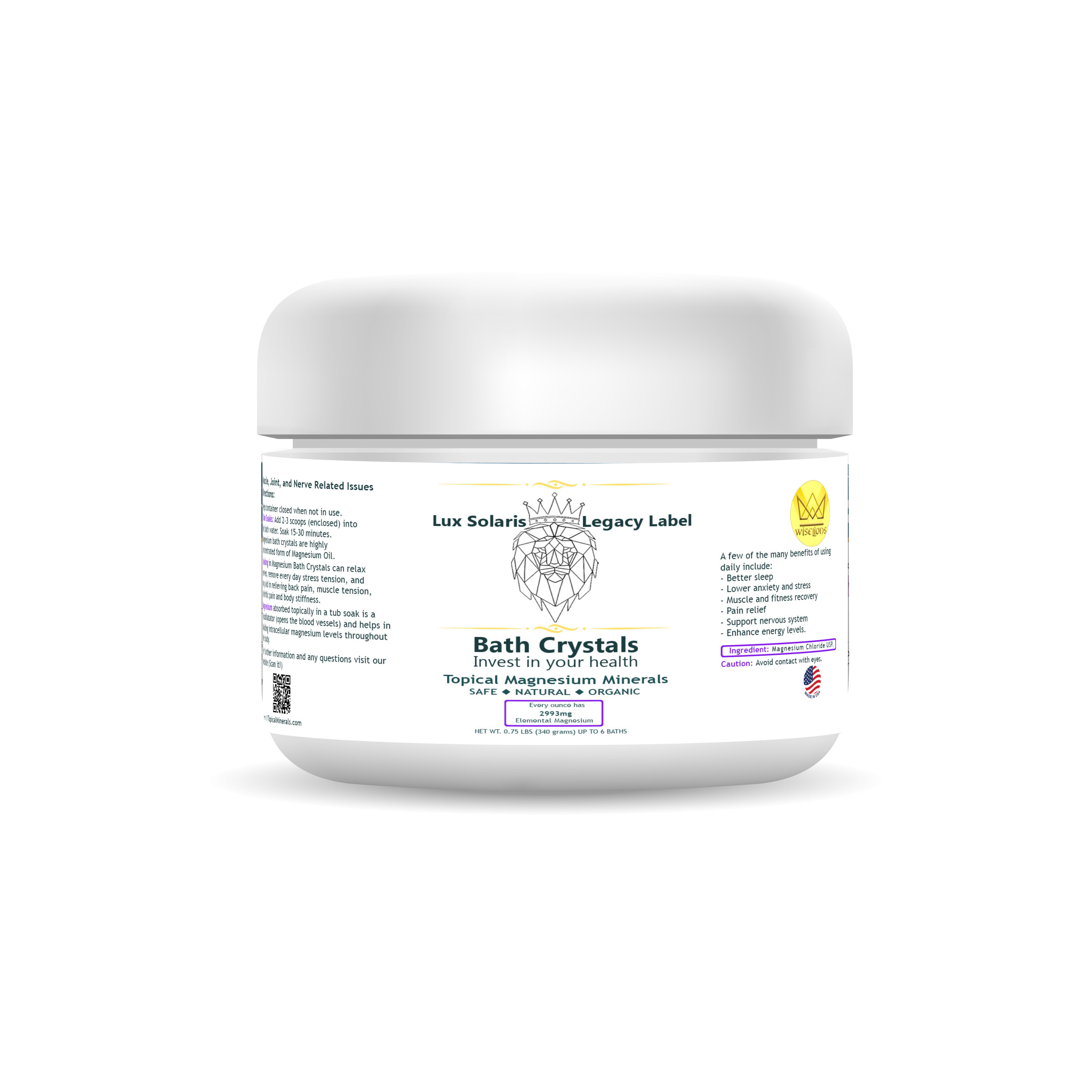 Topical Minerals Magnesium Bath Crystals Mockup 0.75 pound jar by Lux Solaris